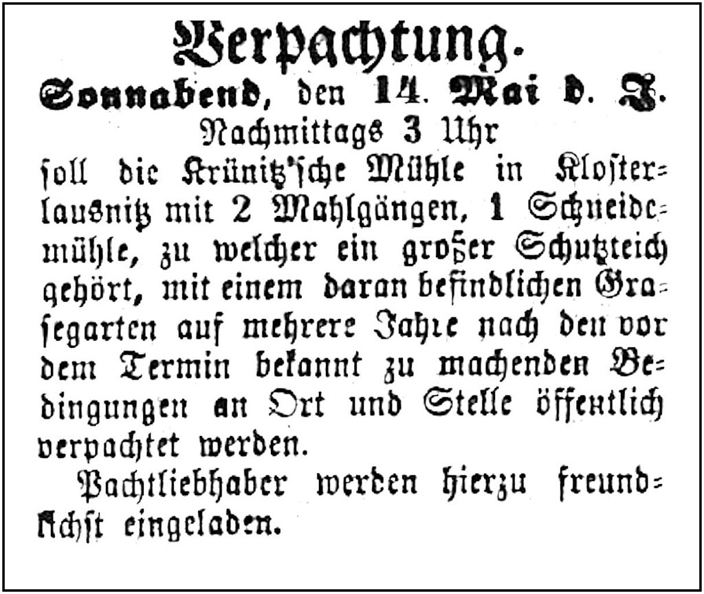 1870-05-14 Kl Verpachtung Kruenitz Muehle